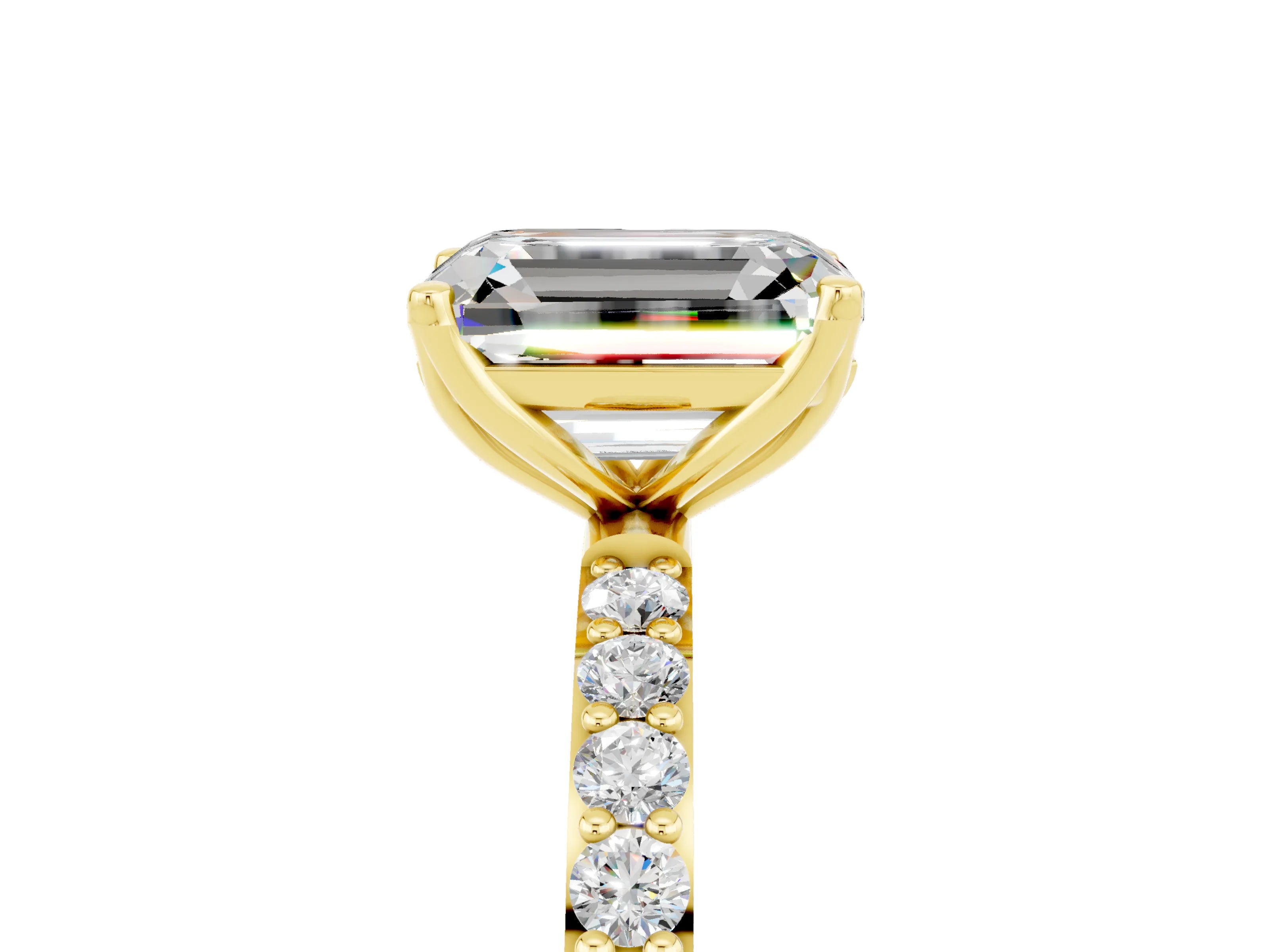 Yellow gold Emerald Cut Moissanite Solitaire Engagement Ring with Pavé Band and Prong Setting_5