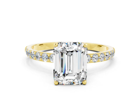 Yellow gold Emerald Cut Moissanite Solitaire Engagement Ring with Pavé Band and Prong Setting