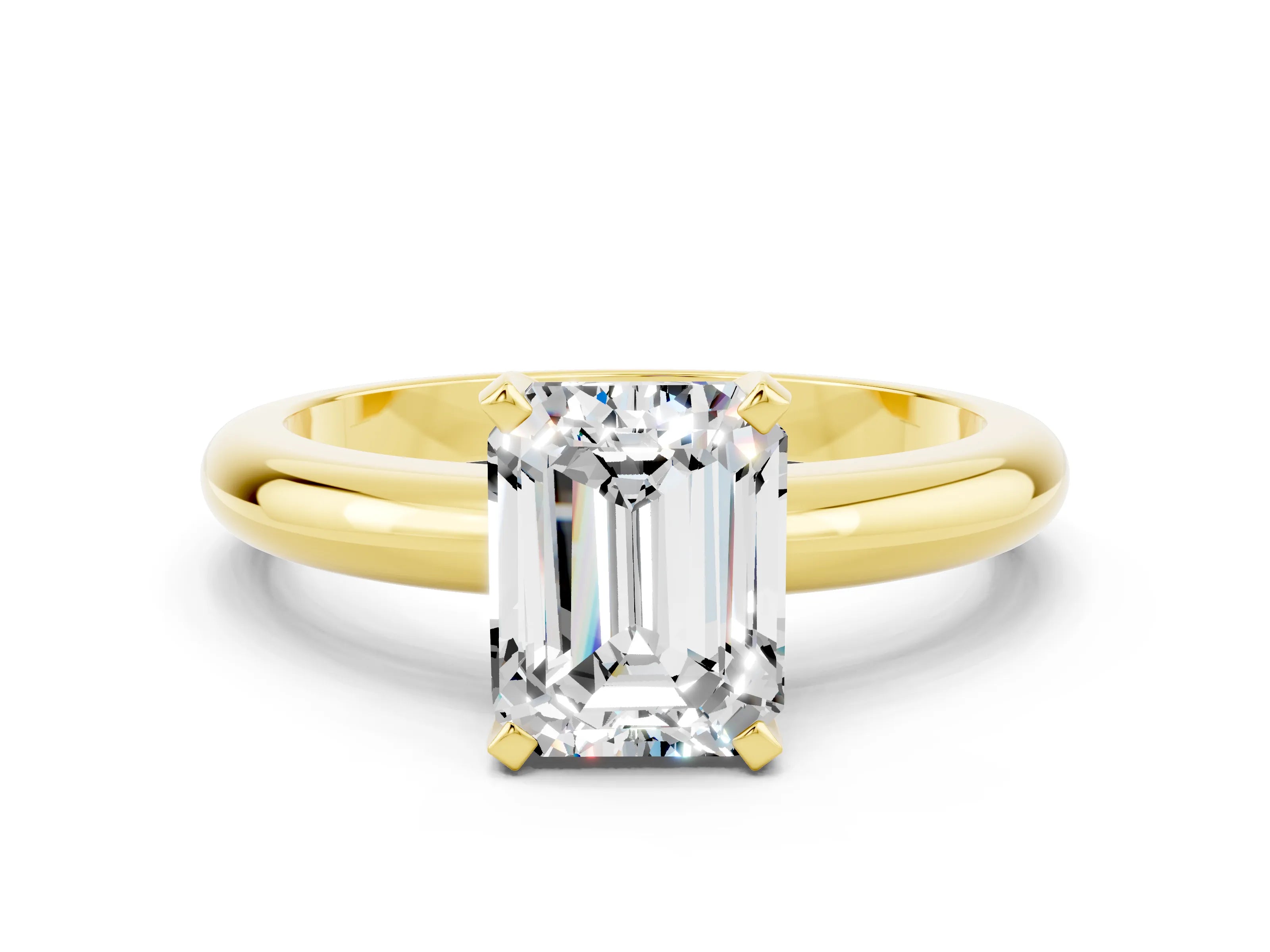 Yellow gold Emerald Cut Moissanite Solitaire Engagement Ring with Round Band and Four-Prong Setting