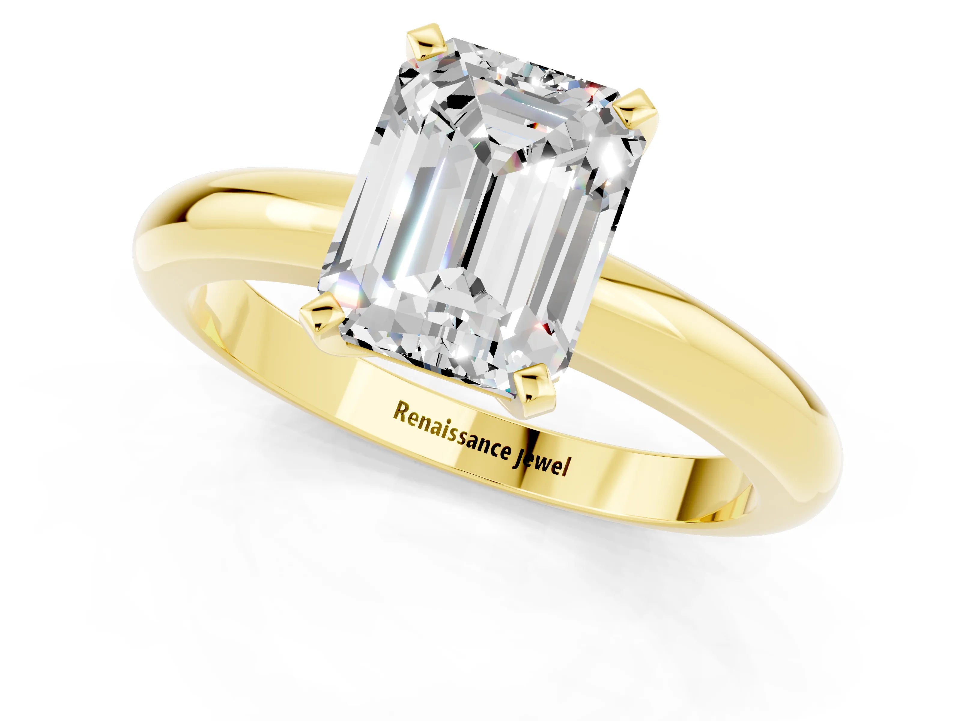 Yellow gold Emerald Cut Moissanite Solitaire Engagement Ring with Round Band and Four-Prong Setting_1