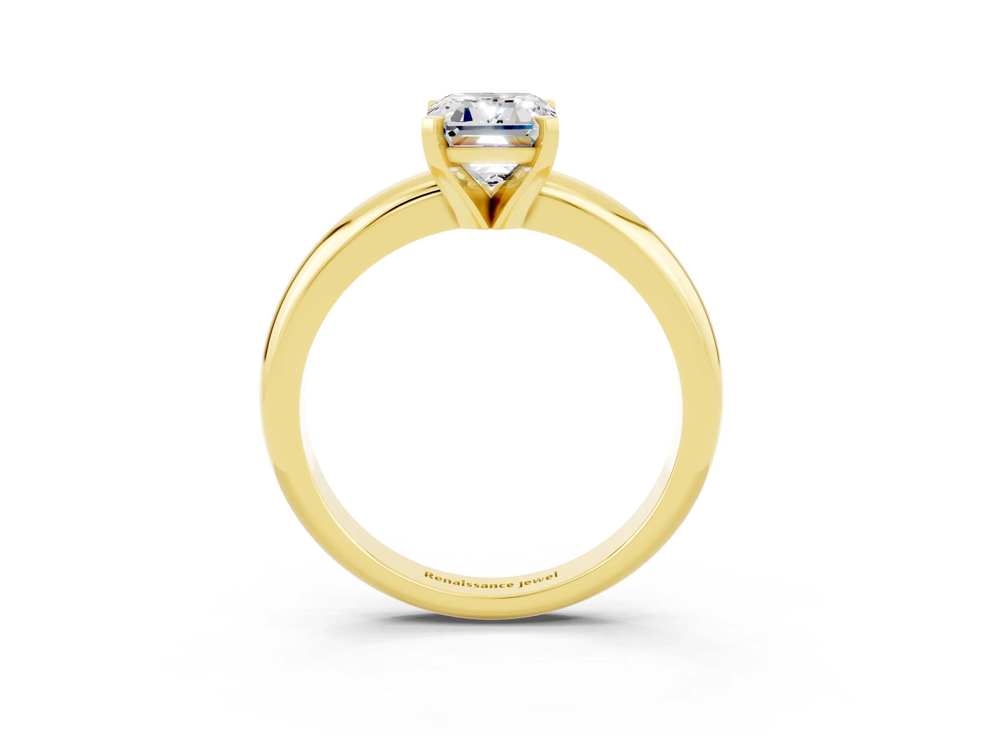 Yellow gold Emerald Cut Moissanite Solitaire Engagement Ring with Round Band and Four-Prong Setting_3