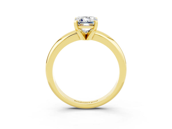 Yellow gold Emerald Cut Moissanite Solitaire Engagement Ring with Round Band and Four-Prong Setting