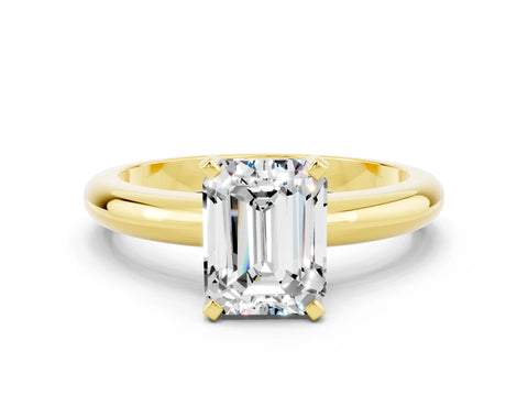 Yellow gold Emerald Cut Moissanite Solitaire Engagement Ring with Round Band and Four-Prong Setting
