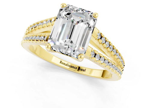 Yellow gold Emerald Cut Moissanite Solitaire Engagement Ring with Split Shank Pavé Band_1