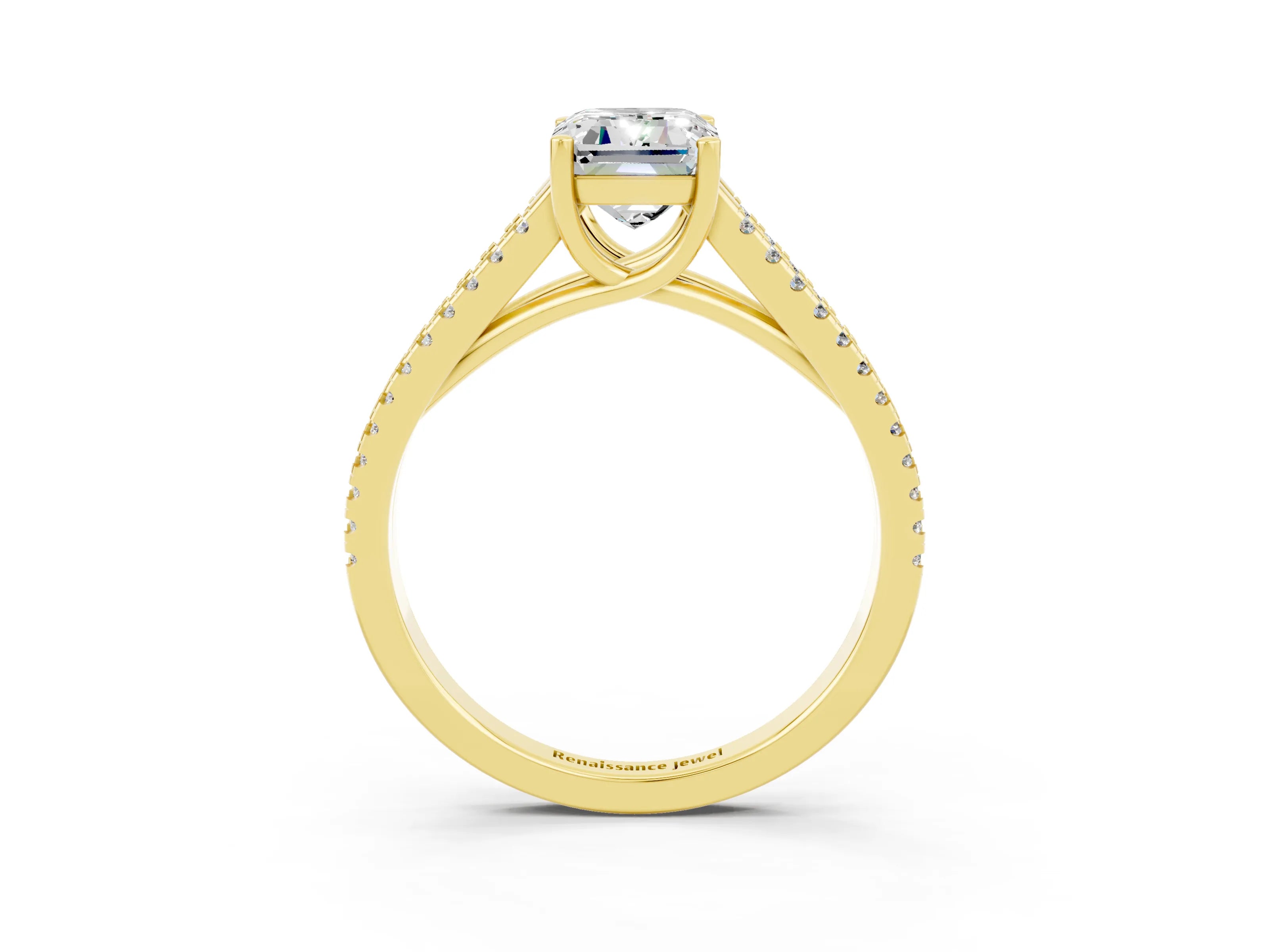 Yellow gold Emerald Cut Moissanite Solitaire Engagement Ring with Split Shank Pavé Band_3