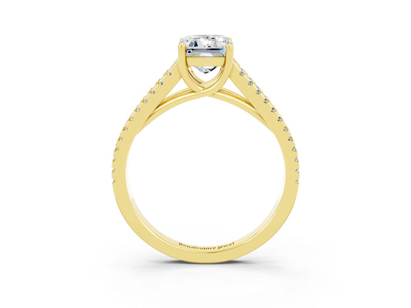 Yellow gold Emerald Cut Moissanite Solitaire Engagement Ring with Split Shank Pavé Band