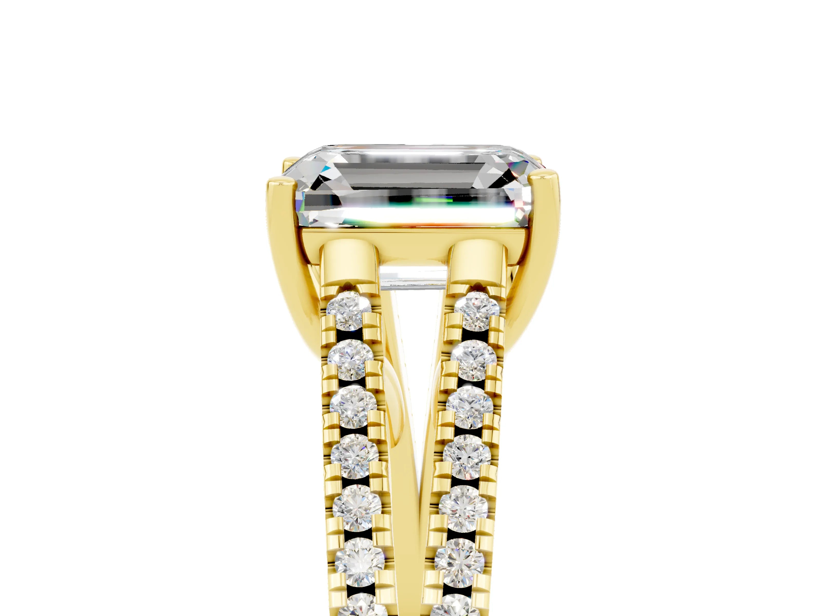 Yellow gold Emerald Cut Moissanite Solitaire Engagement Ring with Split Shank Pavé Band_5