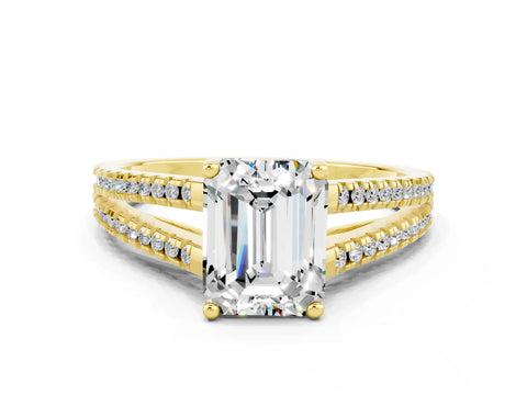 Yellow gold Emerald Cut Moissanite Solitaire Engagement Ring with Split Shank Pavé Band