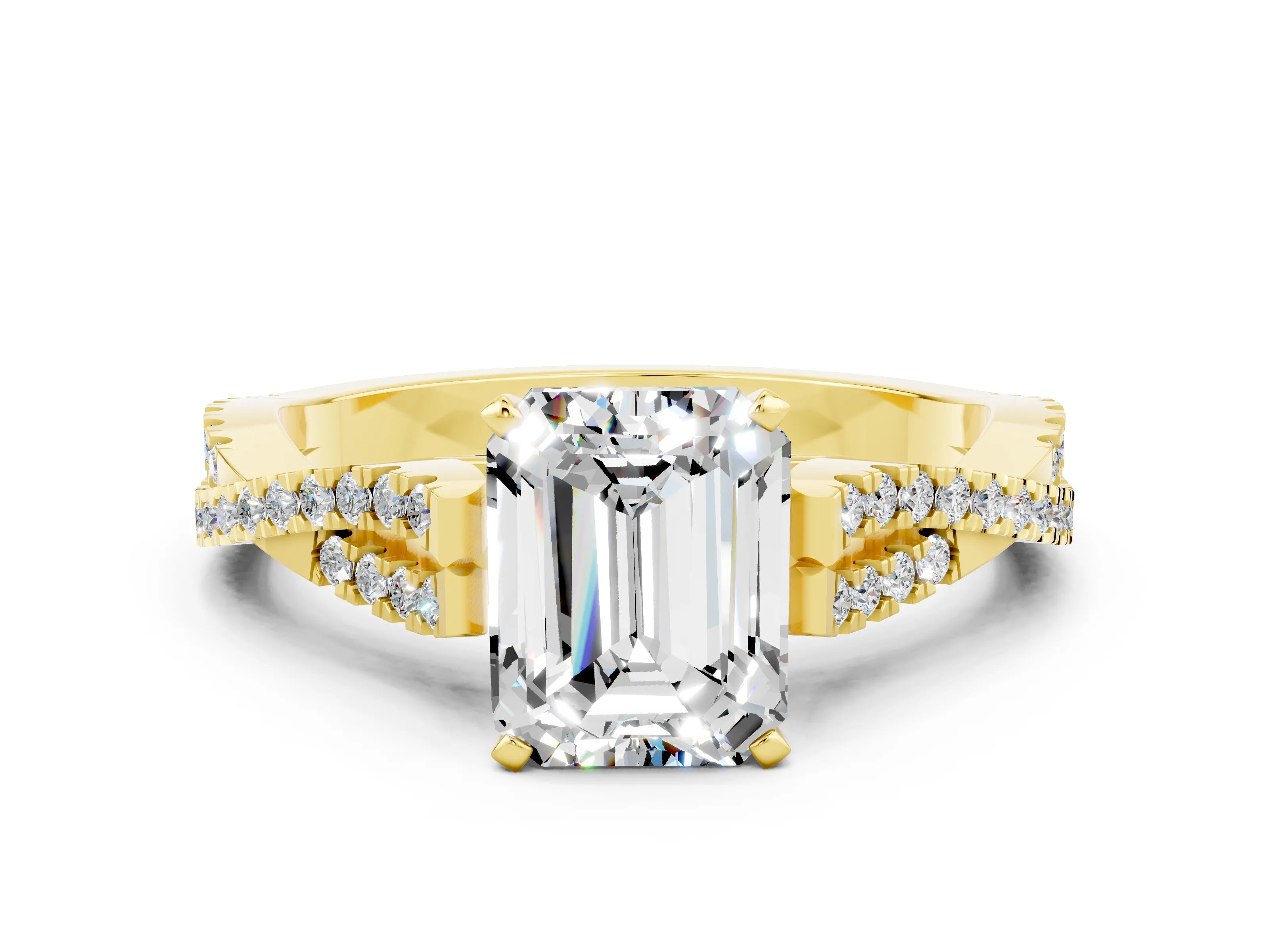 Yellow gold Emerald Cut Moissanite Solitaire Engagement Ring with Twisted Pavé Band and Four-Prong Setting