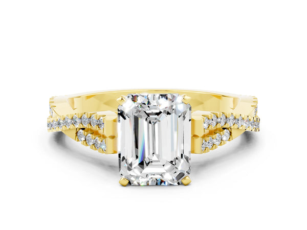 Yellow gold Emerald Cut Moissanite Solitaire Engagement Ring with Twisted Pavé Band and Four-Prong Setting