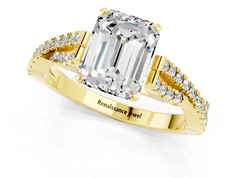 Yellow gold Emerald Cut Moissanite Solitaire Engagement Ring with Twisted Pavé Band and Four-Prong Setting_1