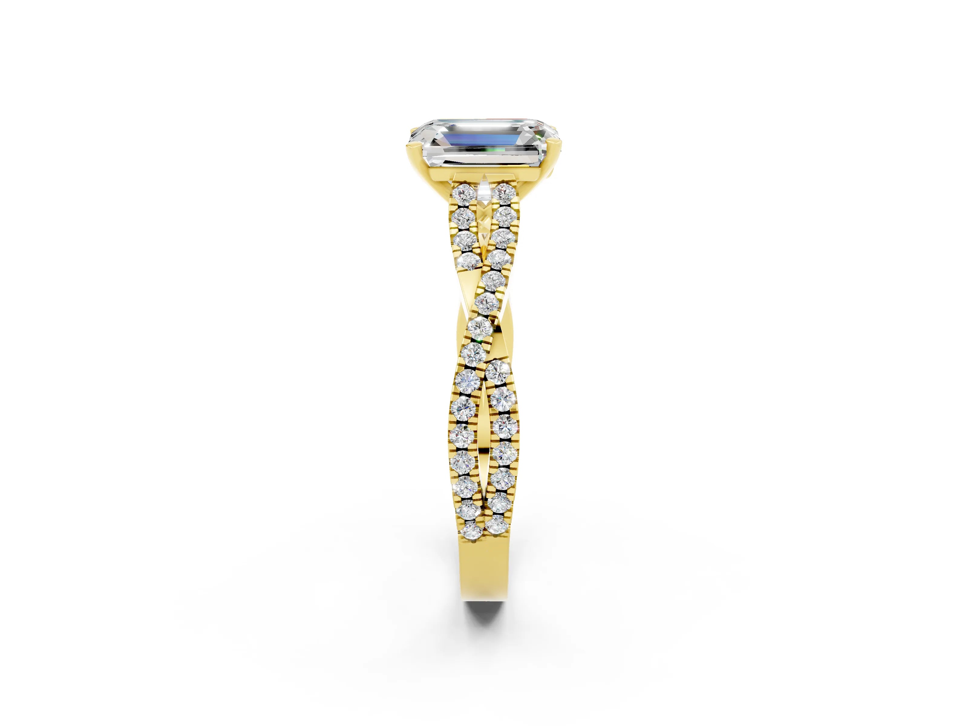Yellow gold Emerald Cut Moissanite Solitaire Engagement Ring with Twisted Pavé Band and Four-Prong Setting_2