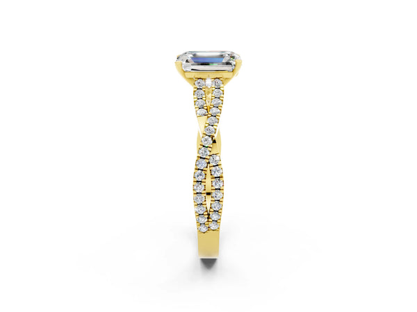 Yellow gold Emerald Cut Moissanite Solitaire Engagement Ring with Twisted Pavé Band and Four-Prong Setting