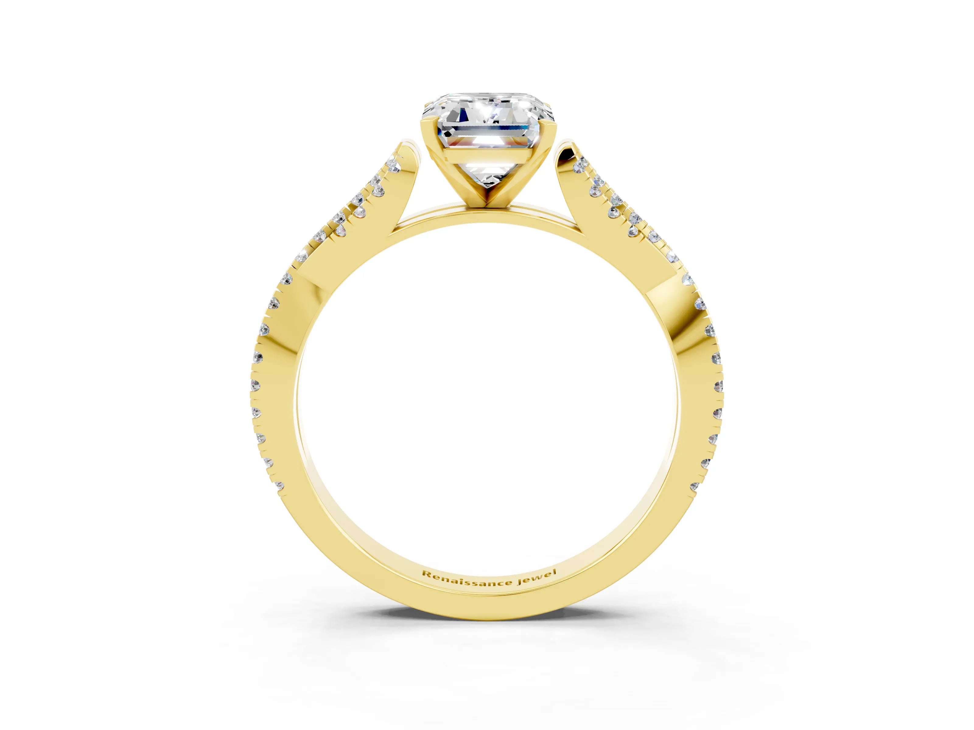 Yellow gold Emerald Cut Moissanite Solitaire Engagement Ring with Twisted Pavé Band and Four-Prong Setting_3