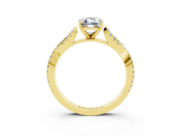 Yellow gold Emerald Cut Moissanite Solitaire Engagement Ring with Twisted Pavé Band and Four-Prong Setting