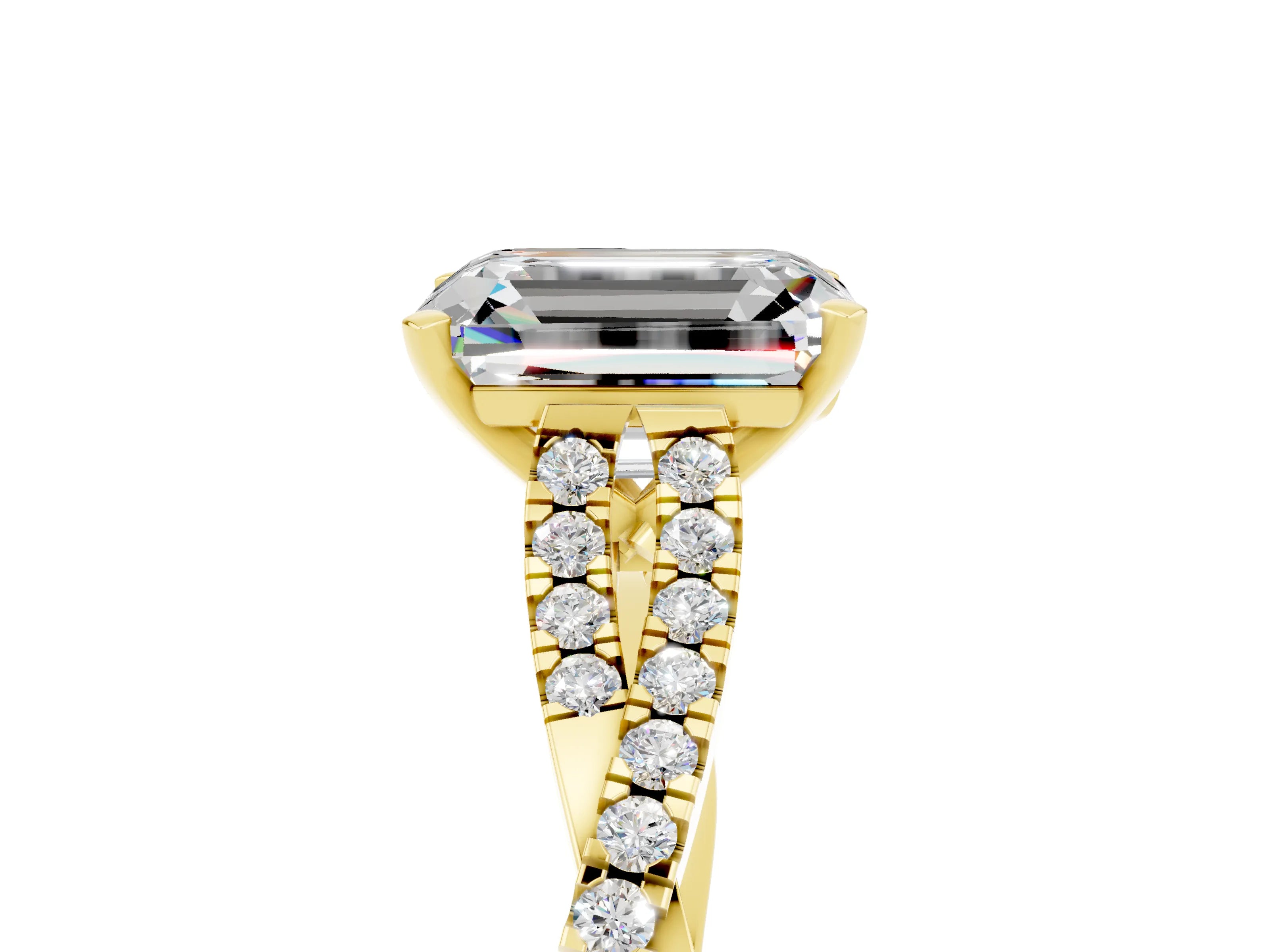 Yellow gold Emerald Cut Moissanite Solitaire Engagement Ring with Twisted Pavé Band and Four-Prong Setting_5
