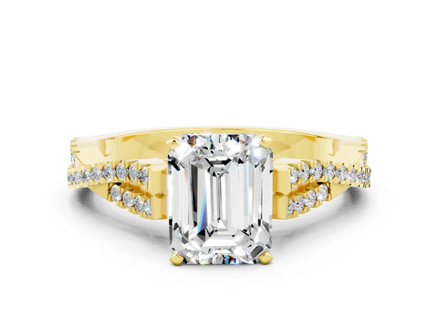 Yellow gold Emerald Cut Moissanite Solitaire Engagement Ring with Twisted Pavé Band and Four-Prong Setting