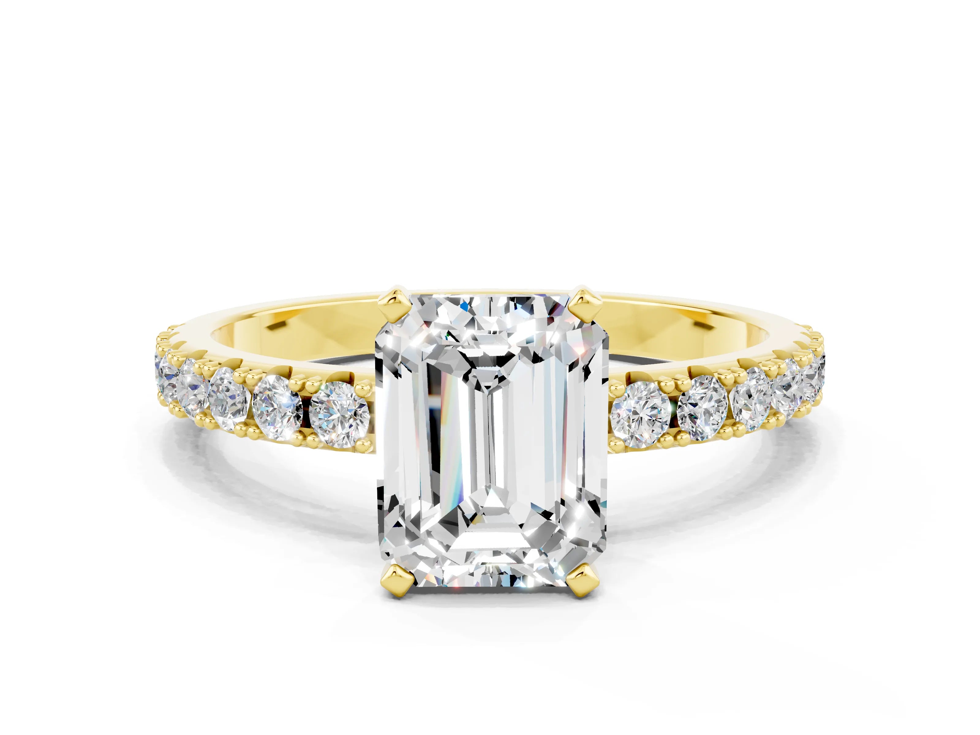Yellow gold Emerald Cut Moissanite Solitaire Pavé Band with Four-Prong Setting