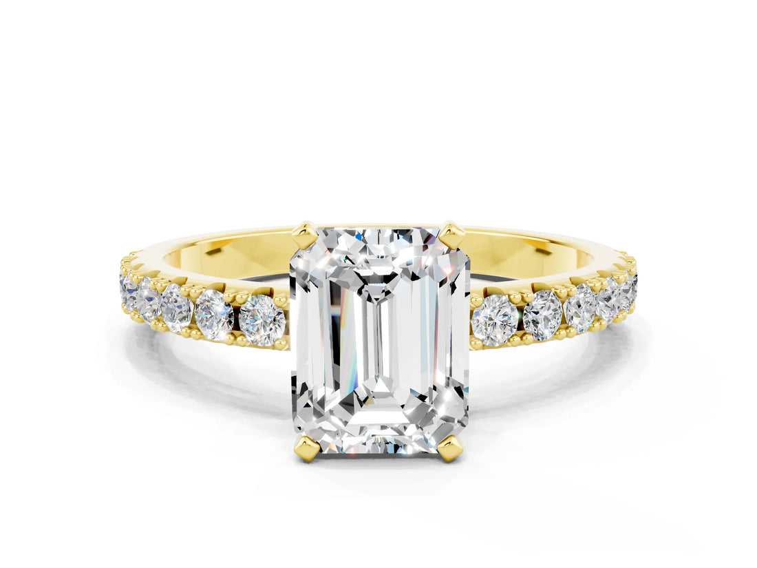 Yellow gold Emerald Cut Moissanite Solitaire Pavé Band with Four-Prong Setting