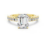 Yellow gold Emerald Cut Moissanite Solitaire Pavé Band with Four-Prong Setting