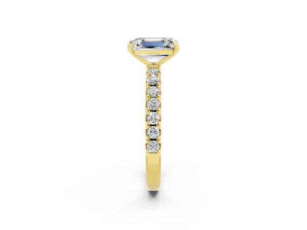 Yellow gold Emerald Cut Moissanite Solitaire Pavé Band with Four-Prong Setting