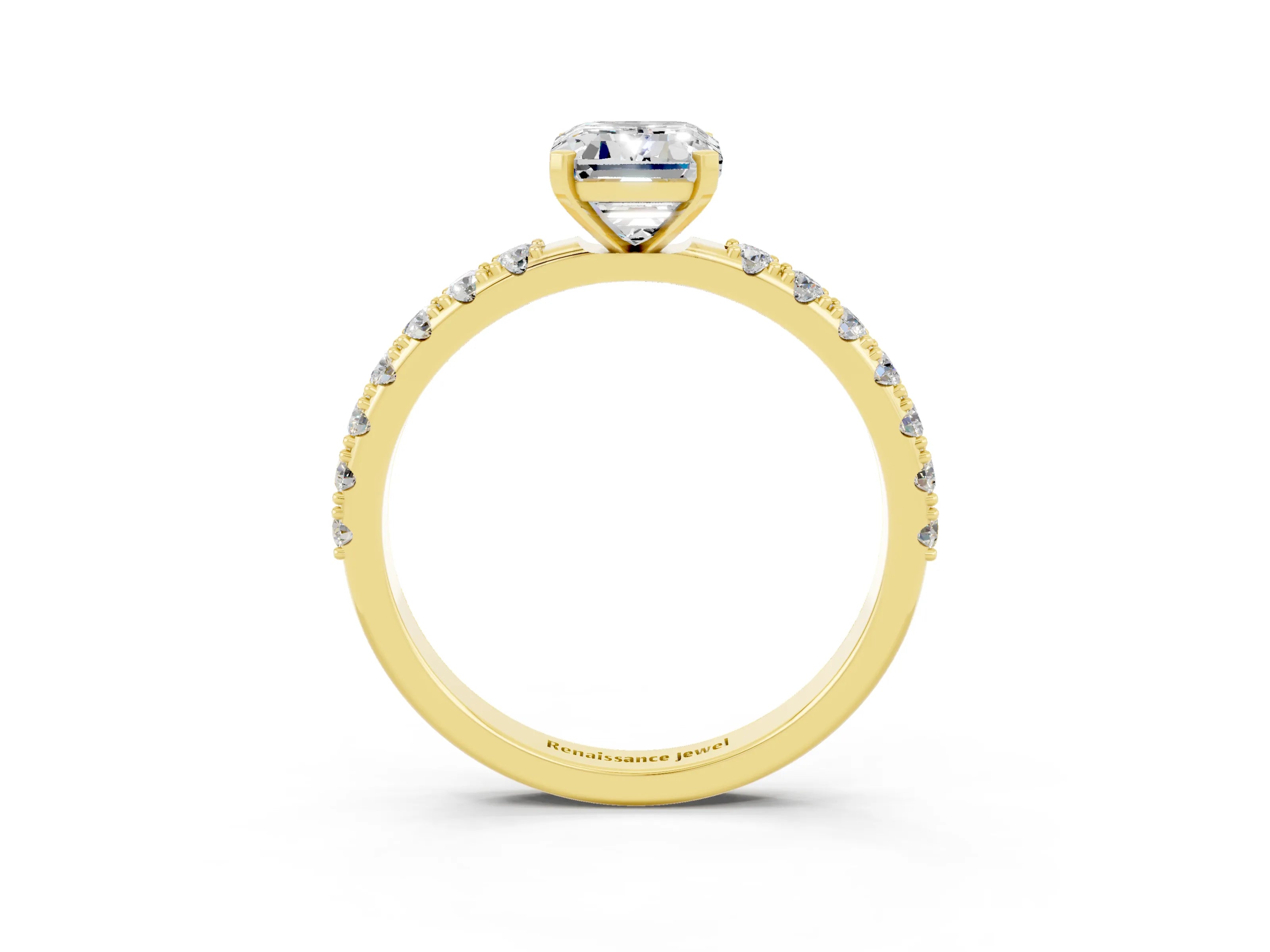 Yellow gold Emerald Cut Moissanite Solitaire Pavé Band with Four-Prong Setting_3