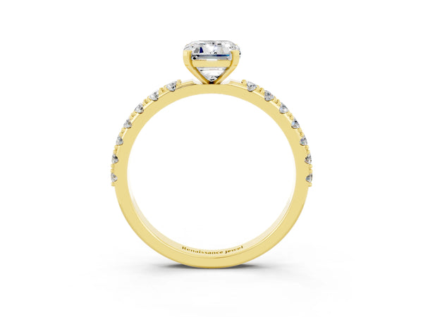 Yellow gold Emerald Cut Moissanite Solitaire Pavé Band with Four-Prong Setting