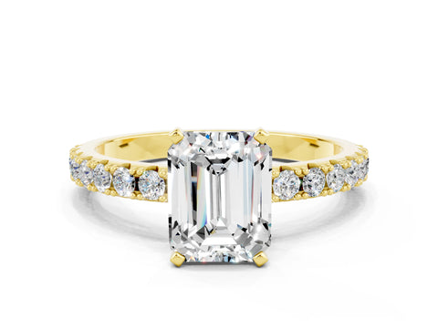 Yellow gold Emerald Cut Moissanite Solitaire Pavé Band with Four-Prong Setting