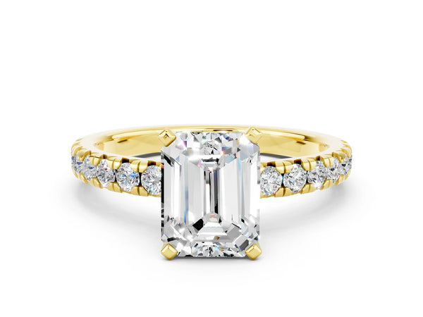 Yellow gold Emerald Cut Moissanite Solitaire Pavé Engagement Ring with Round Band and Prong Setting