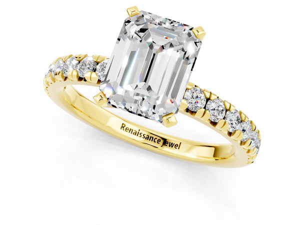 Yellow gold Emerald Cut Moissanite Solitaire Pavé Engagement Ring with Round Band and Prong Setting
