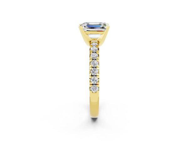 Yellow gold Emerald Cut Moissanite Solitaire Pavé Engagement Ring with Round Band and Prong Setting