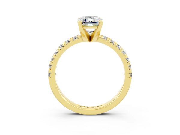 Yellow gold Emerald Cut Moissanite Solitaire Pavé Engagement Ring with Round Band and Prong Setting