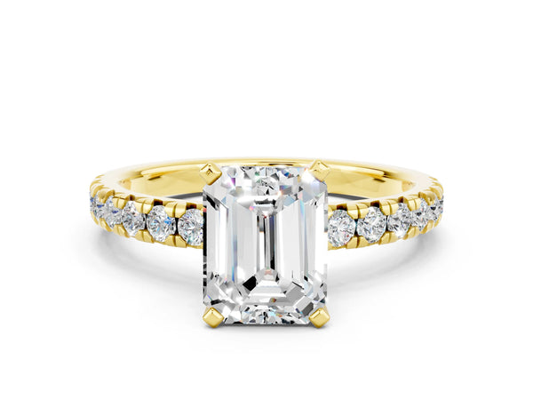 Yellow gold Emerald Cut Moissanite Solitaire Pavé Engagement Ring with Round Band and Prong Setting