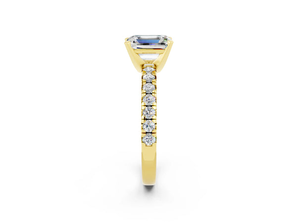 Yellow gold Emerald Cut Moissanite Solitaire Pavé Engagement Ring with Round Band and Prong Setting