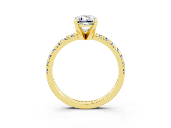 Yellow gold Emerald Cut Moissanite Solitaire Pavé Engagement Ring with Round Band and Prong Setting