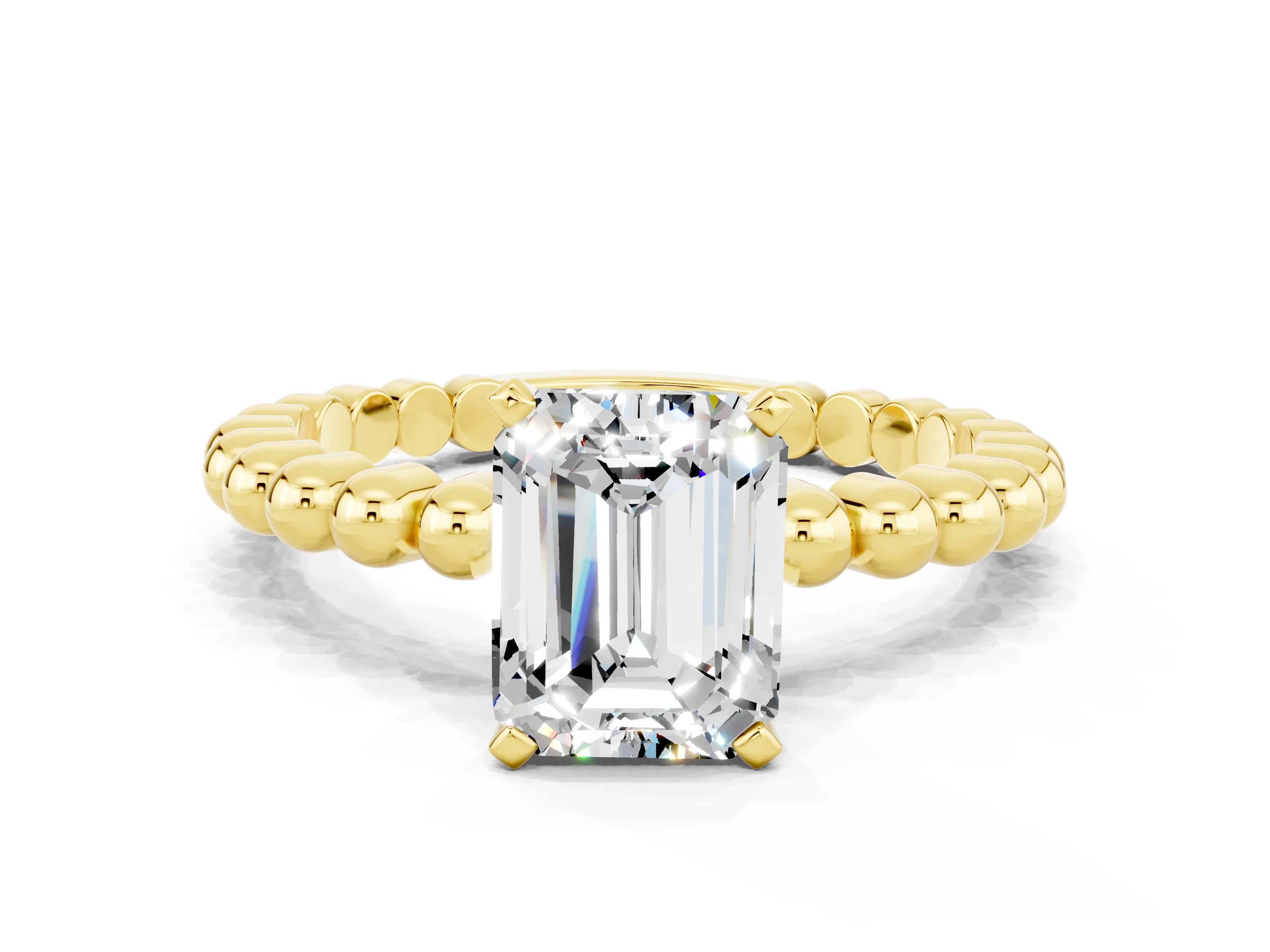 Yellow gold Emerald Cut Moissanite Solitaire Ring with Beaded Band and Prong Setting