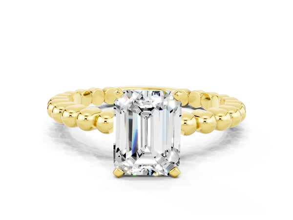 Yellow gold Emerald Cut Moissanite Solitaire Ring with Beaded Band and Prong Setting
