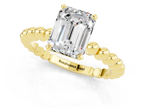 Yellow gold Emerald Cut Moissanite Solitaire Ring with Beaded Band and Prong Setting_1
