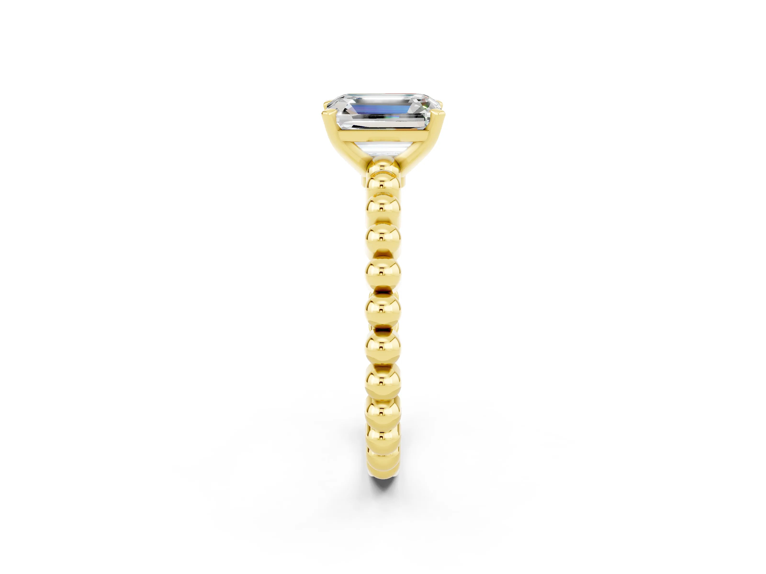 Yellow gold Emerald Cut Moissanite Solitaire Ring with Beaded Band and Prong Setting_2