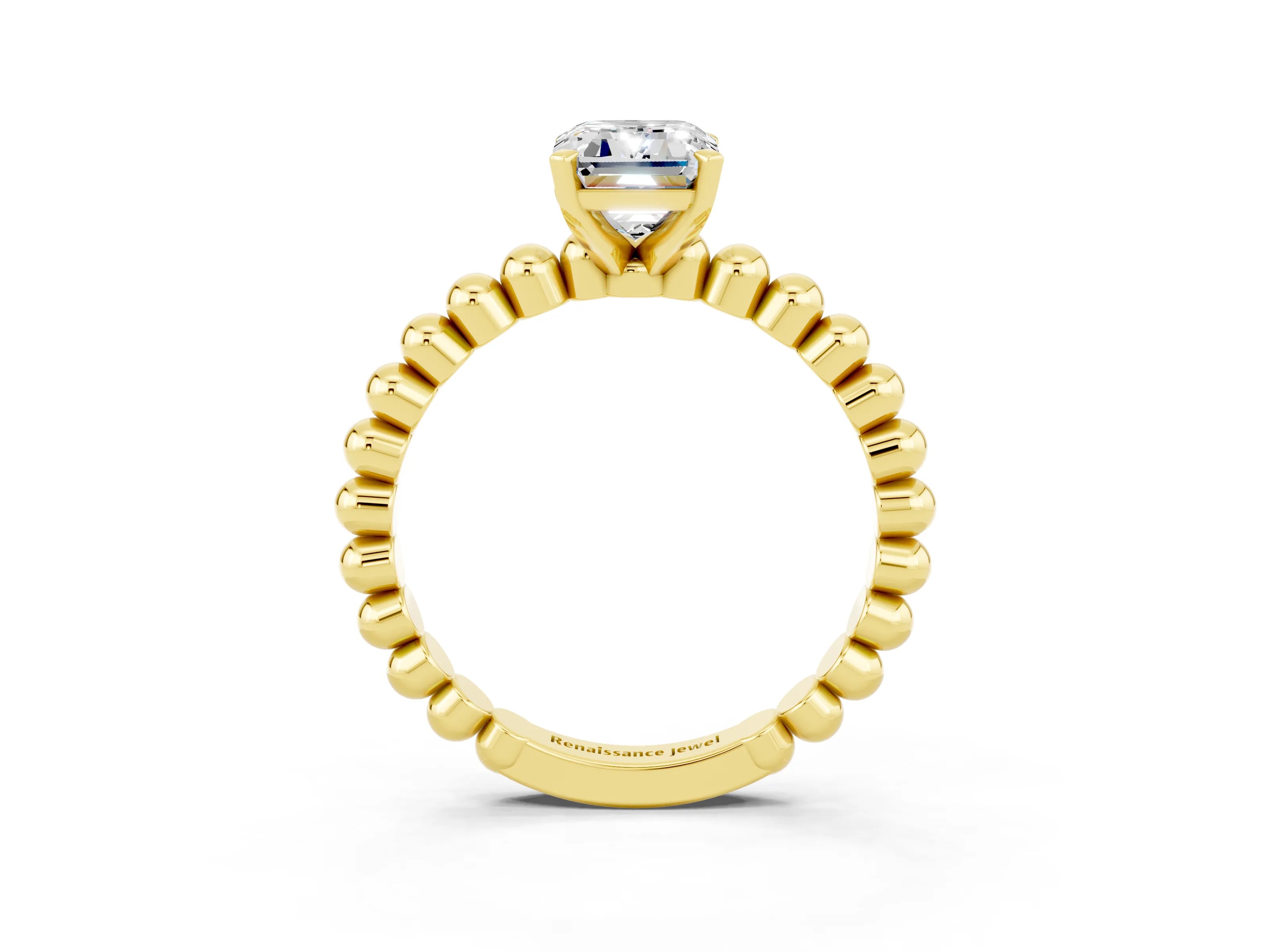 Yellow gold Emerald Cut Moissanite Solitaire Ring with Beaded Band and Prong Setting_3