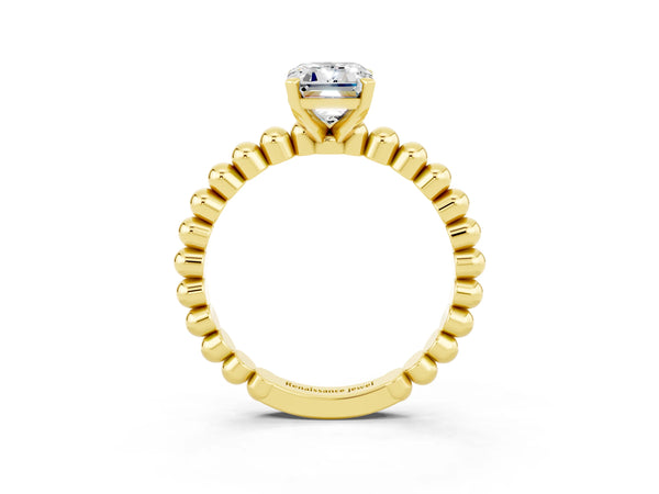 Yellow gold Emerald Cut Moissanite Solitaire Ring with Beaded Band and Prong Setting