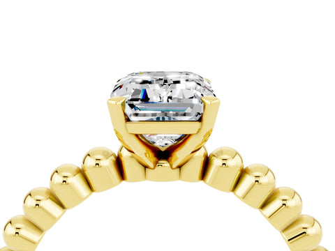 Yellow gold Emerald Cut Moissanite Solitaire Ring with Beaded Band and Prong Setting_4