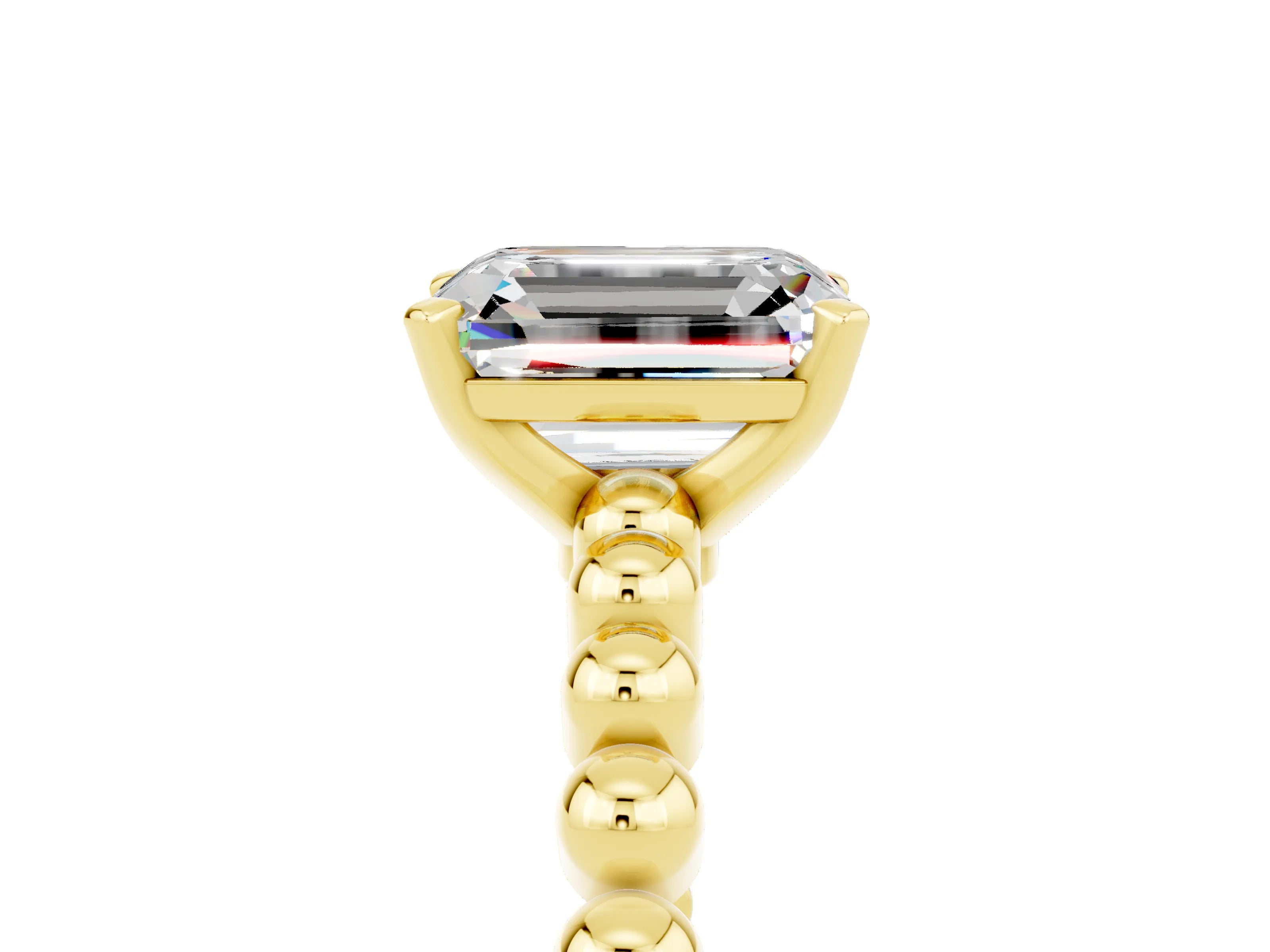 Yellow gold Emerald Cut Moissanite Solitaire Ring with Beaded Band and Prong Setting_5