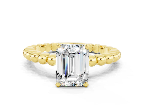 Yellow gold Emerald Cut Moissanite Solitaire Ring with Beaded Band and Prong Setting