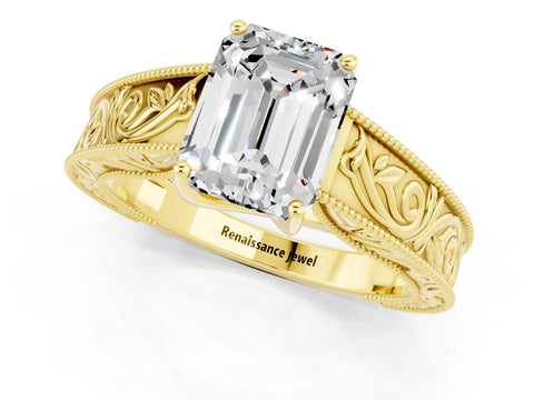 Yellow gold Emerald Cut Moissanite Solitaire Ring with Engraved Band and Four-Prong Setting_1