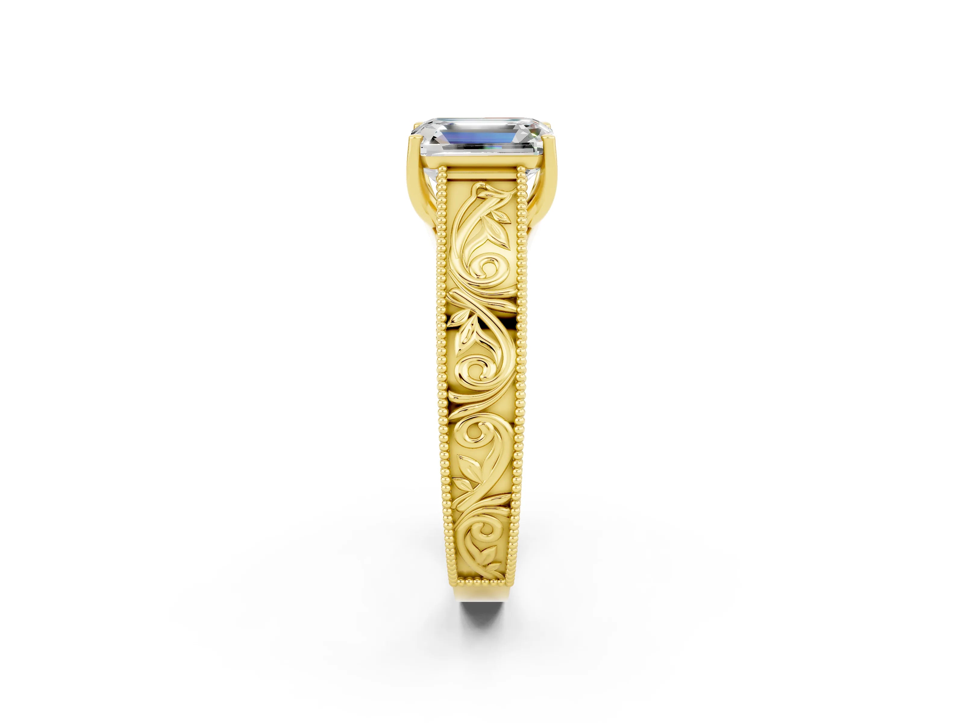 Yellow gold Emerald Cut Moissanite Solitaire Ring with Engraved Band and Four-Prong Setting_2