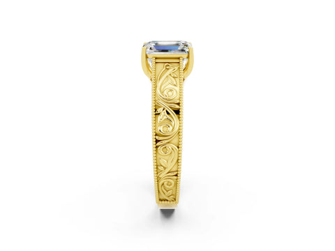Yellow gold Emerald Cut Moissanite Solitaire Ring with Engraved Band and Four-Prong Setting_2