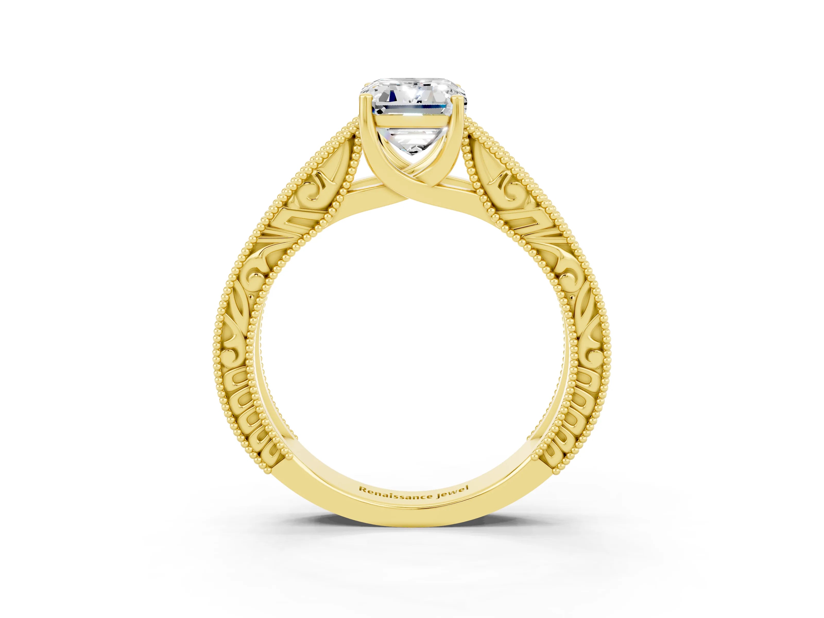 Yellow gold Emerald Cut Moissanite Solitaire Ring with Engraved Band and Four-Prong Setting_3