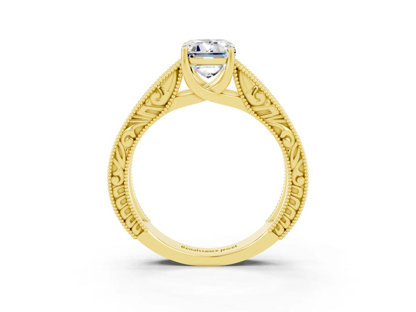 Yellow gold Emerald Cut Moissanite Solitaire Ring with Engraved Band and Four-Prong Setting
