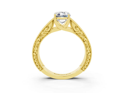 Yellow gold Emerald Cut Moissanite Solitaire Ring with Engraved Band and Four-Prong Setting_3